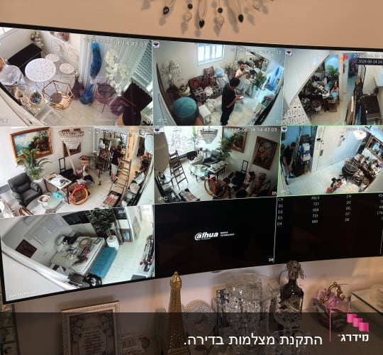 מסך טלוויזיה עם תצוגת מצלמות אבטחה בבית